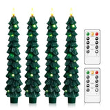 Christmas Tree Flameless Candles With Remote,4 Pcs Green Real Wax Led Flickering Candles Battery Operate With Embedded Star String For Home Decoration Christmas Gifts(D0.86 Xh9.6)