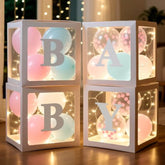 Baby Boxes With Letters For Baby Shower Decoration, 4 Pcs Clear Baby Balloon Boxes Blocks With Led Fairy String Lights 38 Balloons For Boy Girl Gender Reveal Birthday Party (White)
