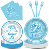 Dancing Queen Disco Party Set: 70s Theme, Blue Tableware for 24