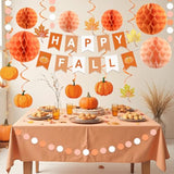 Fall Party Decorations Happy Fall Banner With Honeycomb Balls Pumpkin Maple Leaf Hanging Swirls Circle Dots Garland Fall Party Decor For Harvest Autumn Festival Thanksgiving Decorations