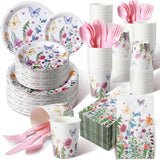 400 Pcs Spring Plates And Napkins Set Paper Flower Dinnerware Disposable Party Supplies For 50 Guest Dinnerware Knife Fork Spoon For Spring Birthday Party(Light Color,Wildflower)