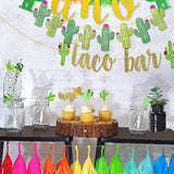 2Set Fiesta Taco Bar Cactus Banner, Gold & Green Glittery Decorations for Cinco De Mayo