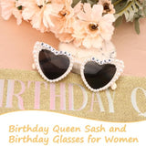 Birthday Sash For Women Girls, Gold Birthday Queen Sash With Glasses For Women Happy Birth Day Decorations For Girls Party Favors Accessories