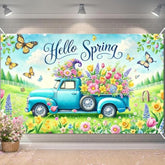 Hello Spring Banner Vintage Blue Truck Floral Spring Party Banner Farmhouse Garden Yard Sign Rustic Spring Decoration Backdrop Indoor Outdoor Photography Background Porch Decor 71X43 Inches