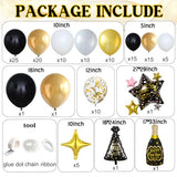 Black and Gold Balloons Garland Arch Kit,142 Pcs Black White Metallic Gold Confetti Balloons with Bottle Hat Star Foil Balloon for 2026 Happy New Year Party Decorations New Years Eve Party Supplies