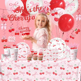 Pink Bow Party Supplies,208Pcs Coquette Birthday Party Decorations Includes Bow Cherry Paper Plates And Napkins,Cups,Banner,Tablecloth,Balloons,Serves 24 For Girls Bachelorette Party