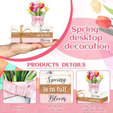 4 Pcs Spring Table Decor Tulip Wooden Sign Spring Farmhouse Wooden Block Decorative Floral Book Tiered Tray Easter Decor Rustic Decoration For Bookshelf Fireplace Desk Living Room(Classic)