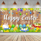 Happy Easter Backdrops Photography Banner Decorations Bunny Grassland Rustic Wood Background Eggs Banner For Jesus Easter Spring Party Decorations, 70.8 X 43.3 Inch