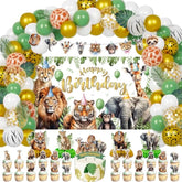 127Pcs Jungle Safari Birthday Decor Backdrop Banner Cake Cupcake Toppers Leaves