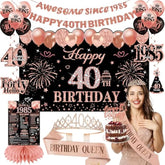 40Th Birthday Decorations For Women Black Rose Gold, 40Th Birthday Crown And Sash Awesome Since 1985 Banner Backdrop Balloons Cake Topper Table Sign Hanging Swirls Vintage 1985 Gifts 21Pcs