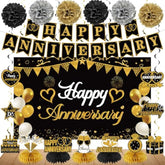 Happy Anniversary Decorations Kit - Black Gold Wedding Party Supplies - Large Banner, Backdrop, Table Centerpieces, Hanging Swirl, Paper Pompoms Decors