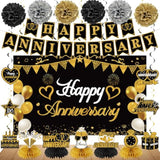 Happy Anniversary Decorations Kit - Black Gold Wedding Party Supplies - Large Banner, Backdrop, Table Centerpieces, Hanging Swirl, Paper Pompoms Decors