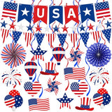 37Pcs 4th of July Decorations Patriotic Decorations USA Banner Red White Blue Paper Fans Star Streamer Pennant Hanging Swirl Fourth of July Independence Veterans Labor Presidents Flag Memorial Day
