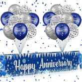 Blue Happy Anniversary Decorations For Men Women, Silver Blue Happy Anniversary Banner And 18Pcs Balloons Party Decor For Wedding Anniversary Decorations Kit Supplies