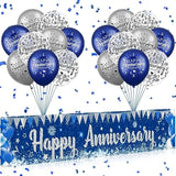Blue Happy Anniversary Decorations For Men Women, Silver Blue Happy Anniversary Banner And 18Pcs Balloons Party Decor For Wedding Anniversary Decorations Kit Supplies