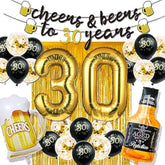 30th Birthday Decor - Gold 30 Balloons, Cheers Banner & Fringe Curtains