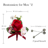 2Pcs Rose Red Boutonniere For Men, Artificial Flowers Wedding Groom Groomsmen Boutonniere For Anniversary/Prom/Rustic Wedding/Homecoming (Red)