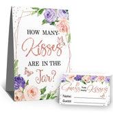 How Many Kisses Bridal Shower Party Game Kit(1 Standing Sign-50 Guessing Cards) Purple Floral Games And Favors For Guests, Bridal Shower Wedding Games Cards For Bride Groom Bachelorette Party Wedding Party Favor