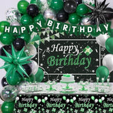 Green And Black Birthday Decorations For Men Women, Black And Green Party Decorations For Boys Girls Happy Birthday Banner Backdrop With Confetti Star Balloons Arch Tablecloth Bday Party Supplies