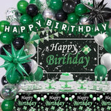 Green And Black Birthday Decorations For Men Women, Black And Green Party Decorations For Boys Girls Happy Birthday Banner Backdrop With Confetti Star Balloons Arch Tablecloth Bday Party Supplies