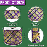 Mardi Gras Fabric Ribbons 10 Yards, Green Purple Glitter Plaid Burlap