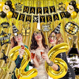 New Year 2026 Party Kit Balloons Hats Glasses Banner Photo Props Decorations