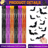 3 Pack Halloween Foil Fringe Curtains 3.3x6.6ft Backdrop with 16 Bat Decorations