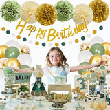 Sage Green Birthday Party Decorations With Happy Birthday Banner,Gold Fringe Curtain,Circle Dots Garland,Tissue Pompoms,Paper Tassels Garland For Girls Women For Party Decor (Sage Green)