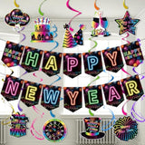 2026 Happy New Year Neon Banner Hanging Swirls Glow Party Decorations