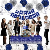 Navy Blue & Silver Men's Birthday Decor Kit with Balloons, Banner, Tablecloth and More