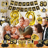 36Pcs Black Gold 80th Birthday Decor Kit with Banner, Balloons & Centerpieces