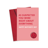 Humor Mother’S Day Card For Her, Funny Mothers Day Card For Mom, As Suspected You Were Right About Everything