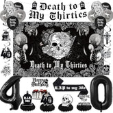 Death to My 30s Decor Backdrop Banner Swirls Sash Cake Topper Balloons for 40th Party