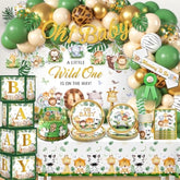 260Pcs Safari Baby Shower Decorations, All-In-1 Supplies Pack, Includes 20 Safari Theme Tableware, Backdrop Tablecloth Balloon Kit For Baby Shower Decorations Boy