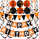 Black Orange Happy Birthday Banner Triangle Flag Bunting with Confetti Dots and Streamers