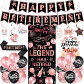 Happy Retirement Party Decorations Women - 33 Pcs Black Rose Gold Banners Hanging Swirls Glitter Cupcake Cake Toppers Backdrop Sparkling Sash Confetti Balloons For Retire Decoration Party Supplies