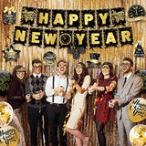 2026 New Year Party Set in Gold and Black with Banner, Balloons, and Props