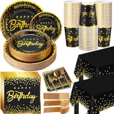 352 Pcs Black And Gold Plates Napkins Cups Tablecloths Forks Knives Spoons Serve 50 Guests Gold Dot Plastic Party Supplies Disposable Party Dinnerware Set For Birthday Wedding Decorations