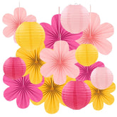 15Pcs Pink Yellow Party Decor Kit, Hanging Paper Lanterns Paper Flowers For Birthday Baby Shower Wedding Classroom Wall Decorations
