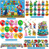 Mario Birthday Party Supplies, Party Decorations Set Include Banner, Backdrop, Balloons, Hanging Swirls, Cake Cupcake Toppers, Tablecloth For Boys Girls Mario Theme Party