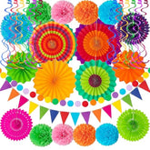 32Pcs Fiesta Party Decor Set with Fans, Garlands & Swirls – Cinco de Mayo