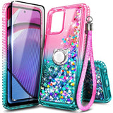Compatible With Motorola Moto-G-Stylus-5G-2023 Case, Pink/Aqua | Sparkly Glitter Floating Liquid Cute Cover For Women Girls Kids | With Tempered Glass Screen Protector & Ring Holder & Wrist Strap