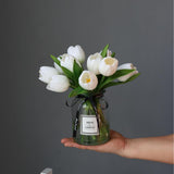 10Pcs Fake Faux Tulips In Vase,Silk White Tulipanes Tulips Artificial Flowers Real Touch Arrangements With Vase For Desk Table Decoration Home Decor