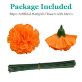 50Pcs Artificial Marigold Flowers, 2‘’ Silk Heads With Stems For Diwali, Indian Festival, Day Of The Dead Dia De Los Muertos, Mexican Party, Halloween, Altar Diy Decor
