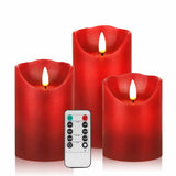 3 Pack Red Flickering Flameless Candle Set, Battery Operated Candles With 10-Key Remote Control, Electric Pillar Candle With Timer, Dancing Flames Real Wax Fake Candle For Festive Celebrations