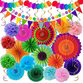 Fiesta Party Decorations - 33Pcs Colorful Mexican Themed Hanging Paper Fans, Rainbow Paper Pom Poms, Fiesta Bunting And Tissue Paper Streamers For Birthday, Festival, And Rainbow Parties