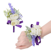 1 Set Wrist Corsage Flower, Artificial Wedding Wrist Corsage And Boutonniere Set Bride Hand Flower Men Boutonniere For Wedding Bridesmaid Party Prom Decorations, Purple Ribbon