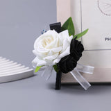 Corsage And Boutonniere Set Rose Adjustable Wrist Corsage For Women Wedding Boutonniere For Men Homecoming For Prom Bridesmaids Groomsmen Anniversary Parties 2Pcs (Black And White)