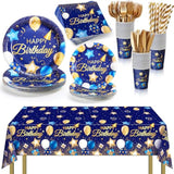 176Pc Navy Blue Gold Birthday Tableware Set Plates Napkins Cups Utensils for 25 Guests