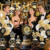 2026 Black Gold New Year Kit with Banner, Cake Toppers, Swirls, and Photo Props